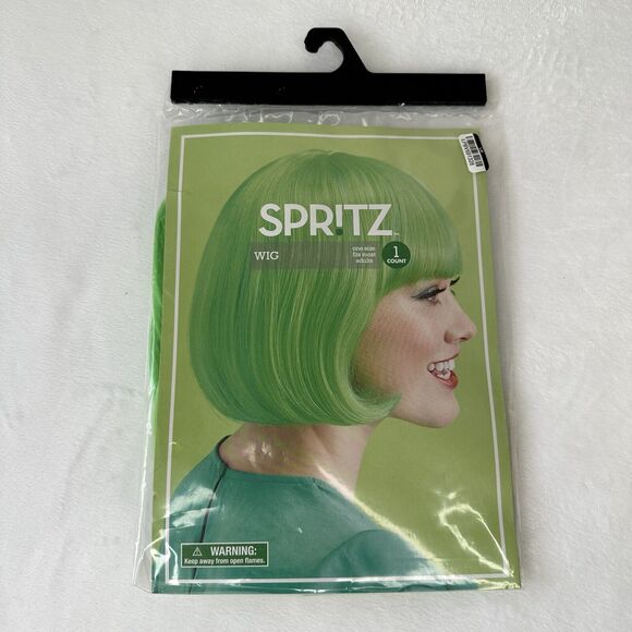 Spritz Wig Neon Lime Green Bob Bangs Witch Anime Cosplay Halloween Oz Fairy Evil - Picture 5 of 5
